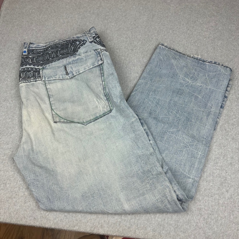 Vtg LRG Light Wash Embroidered Baggy Denim Jeans Size 42 Distressed Crotch Rip